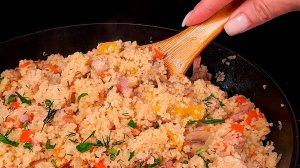 Что приготовить на ужин быстро и вкусно? Кускус с ветчиной и грибами на сковоре — рецепт за 15 минут