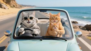 Рыжик занимается сёрфингом на пляже вместе с мамой-кошкой и папой-котом