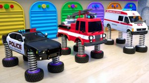 Пожарная машина и полицейская машина прыгают на пружине в бассейне с шариками