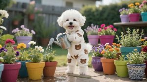 Милый щенок помогает маме-собаке ухаживать за садовыми цветами 🌸�