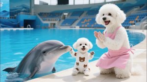 Очаровательный щенок идет с мамой-собакой в океанариум 🐶�