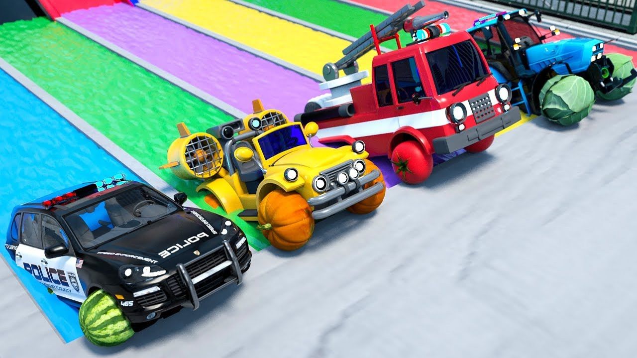 Изучение цветов с фруктовыми колесами — Автомобили скользят по холму и падают в пропасть