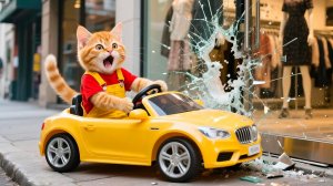 Мультики для детей. Котик на игрушечной машине врезался/видео про котиков, мультик