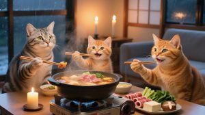 Ночь тайфуна: игра с тенями Рыжика и вкусное сукияки