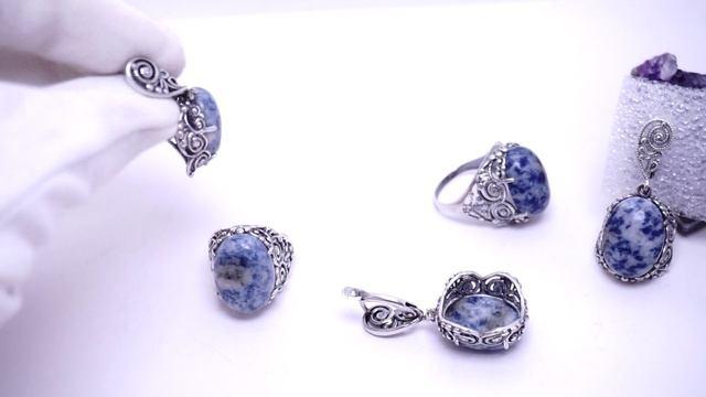 Гарнитур серьги и кольцо лазурит посеребрение комплект 4136 Хорошие Вещи