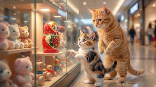 МИЛЫЙ КОТИК ХОЧЕТ КУПИТЬ МАТРЁШКУ В МАГАЗИНЕ И НЕРАВНОДУШНАЯ КОШЕЧКА ПОМОГАЕТ КОТЁНКУ МИМИМИЪХЪЪЪЪъх