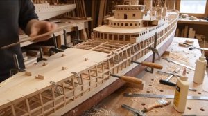 Внутри деревянной модели линкора USS Arizona, собранной с нуля.