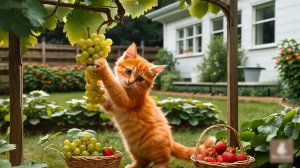 😹Милый маленький котёночек собирает вкусный виноград и клубнику🔥