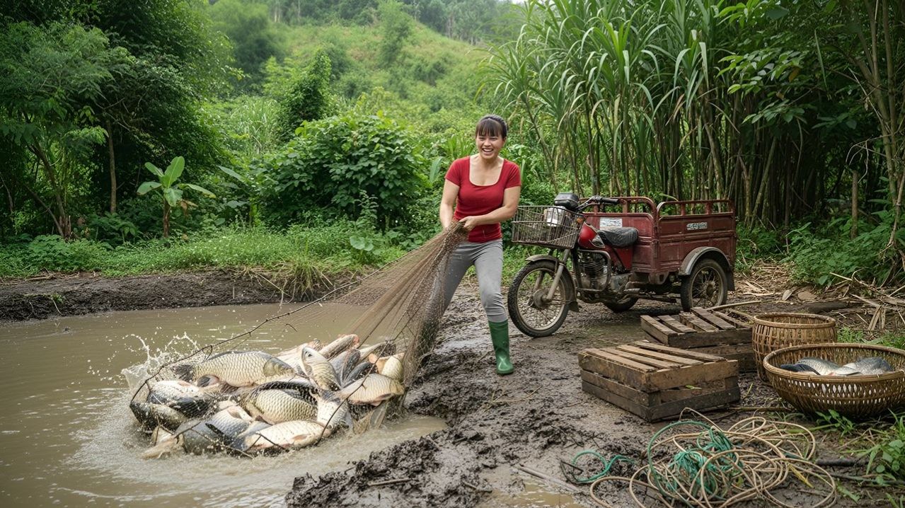 Хуонг, поймала много крупной рыбы — едем на деревенский рынок продавать улов.