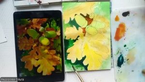 Акварель. Солнечные желуди