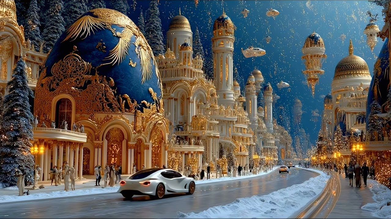 Futuristic Christmas City Ambience 🎄 Cozy Snowfall & Neon Winter Lights Relaxation