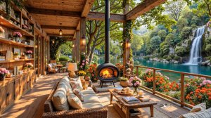 Весенний рай у водопада 🌸 Уютная веранда с камином для отдыха и расслабления