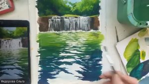 Гуашь. Водопад