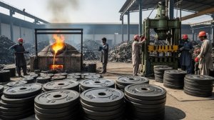 Невероятный процесс производства блинов для штанги.