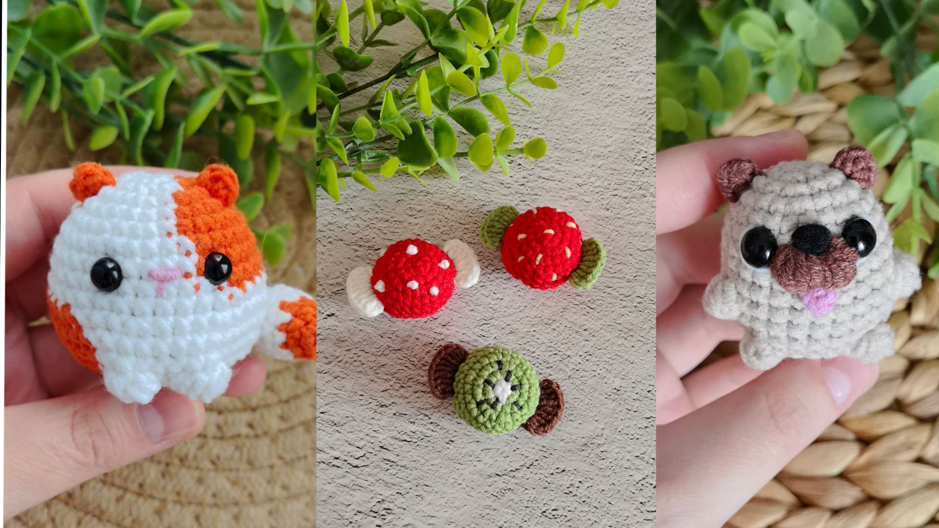 Вязовлог с брелоками и игрушками из полухлопка: котики, мопсики, конфетки