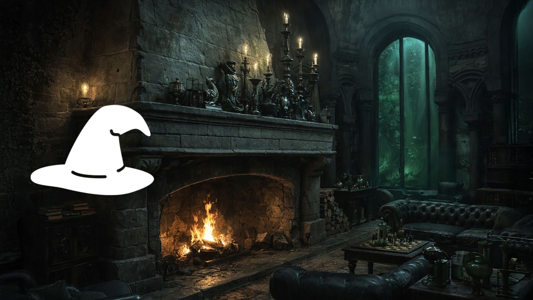 Звук камина 10 часов 🐍 Подземная гостиная Слизерина | Мрачная атмосфера для сна