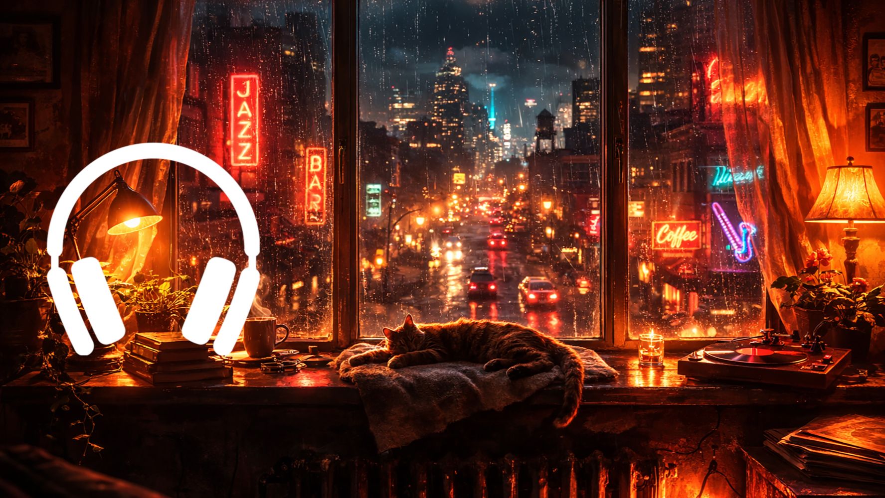 Lo-fi джаз 4 часа 🌧 Ночной город из окна, уют, кот, музыка для работы, отдыха и чтения