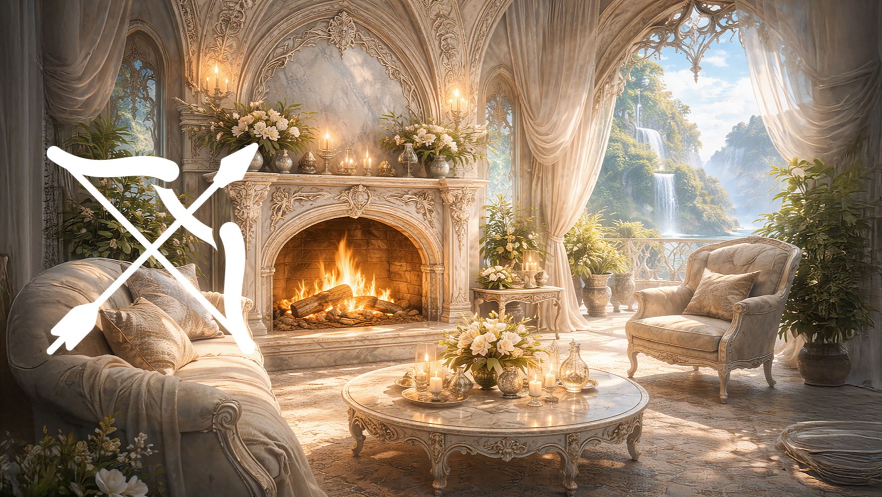 Звук камина и водопада 5 часов ✨ Волшебная эльфийская гостиная для отдыха и медитации