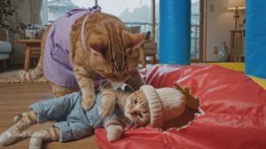 Когда батут начал рушиться… Мама-кошка героически спасла своего котенка! 🐱❤️