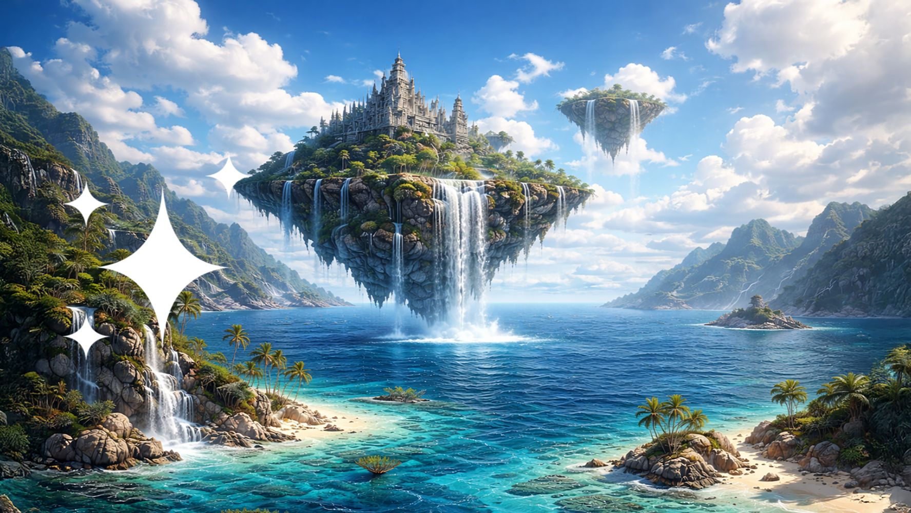 Звук водопада и волн 4 часа 🌊 Летающий остров над заливом для медитации и отдыха