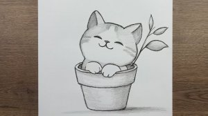 Как очень легко нарисовать милого Кота в горшке с цветком карандашом