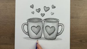Как шаг за шагом нарисовать две чашки в форме сердца карандашом