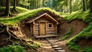 Строю уютную подземную бревенчатую хижину в дикой природе. Бушкрафт