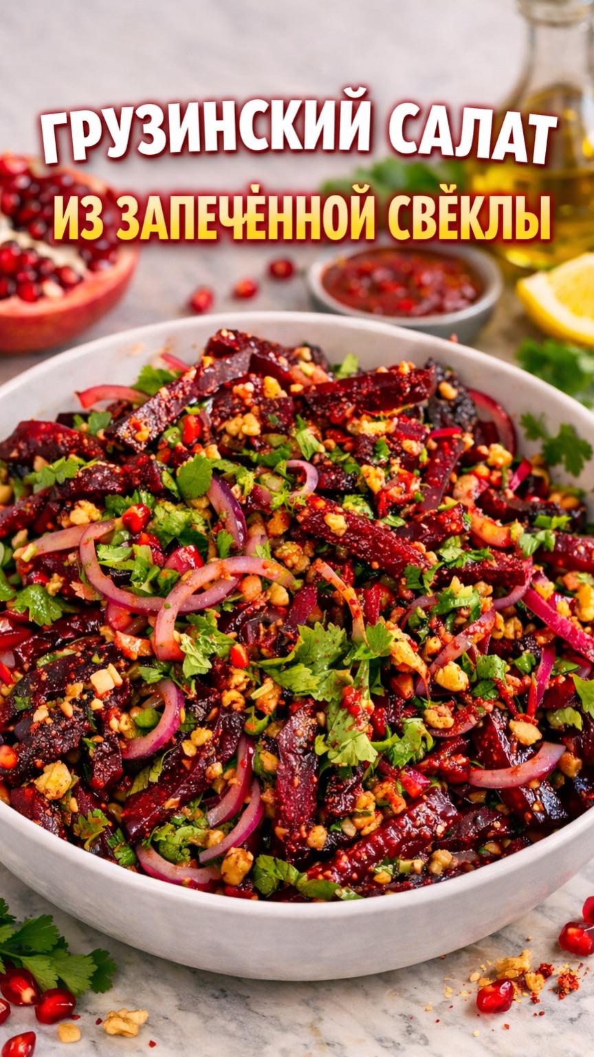 Грузинский салат из запечённой свёклы с орехами и гранатовым соусом | Быстрый вкусный рецепт