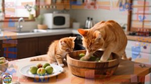 Рыжик и мама-кошка на ферме в дождливый день