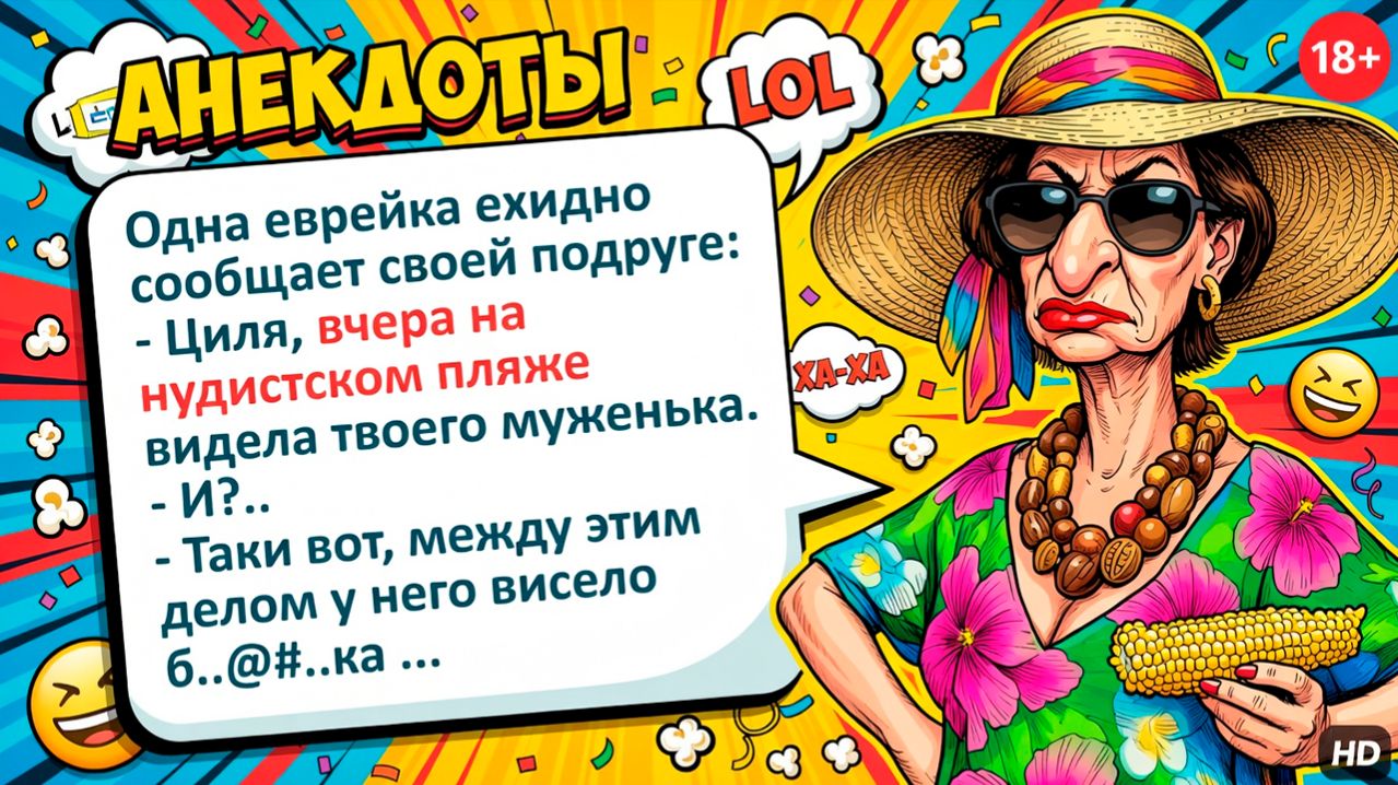 Одна еврейка ехидно сообщает своей подруге: Циля, вчера на нудистском пляже видела твоего муженька
