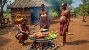 Африканские женщины готовят вкусную традиционную еду для своей семьи. Деревенская жизнь в Кении