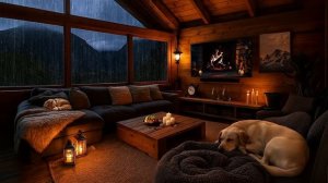 Дождливая осенняя ночь с камином, мурлыкающим котом и спящей собакой 🌧️