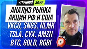 Анализ рынка акций РФ и США/ VKCO, SNGS, NLMK, TSLA, CVX, AMZN/ BTC, GOLD, RGBI