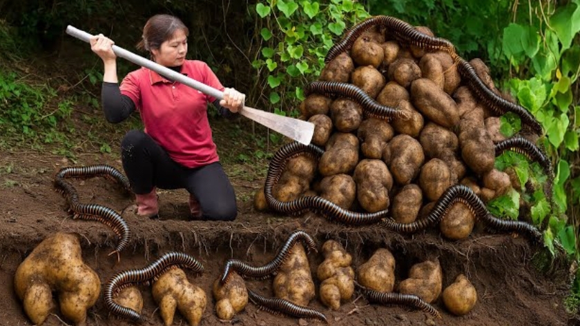 Выкапывают дикие клубни для приготовлентя пищи и продажи на рынке. Сельская жизнь.