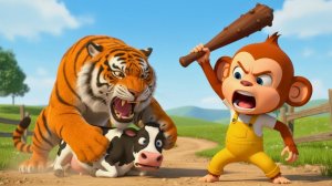 Тигр перекрыл дорогу, храбрая обезьяна-фермер придумала отличный план, чтобы защитить корову.