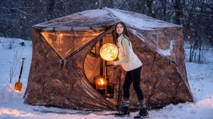 Отдых в снегу с моими кошками Расслабляемся в теплой палатке Дровяная печь.