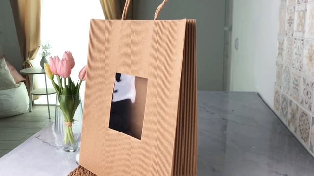 Подарочный пакет СУМОЧКА С ОКОШКОМ, бежевая, 34х28 см, YS190193N