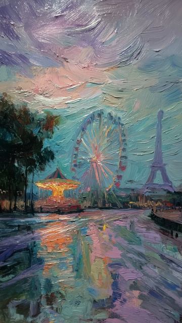 Вечерний городской парк развлечений после дождя (картина #1101) / Арт-студия Нормова