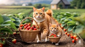 😹Мама кошечка со своим маленьким котёночком собирают апельсины и вкусную сочную клубнику🔥