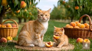 😹Мама кошечка собирает и кормит своего маленького сыночка вкусными и спелыми персиками🔥
