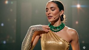 Wan_Video_Generate_Бирманка 38 лет, облегающее золотое боди на одно плечо, золот