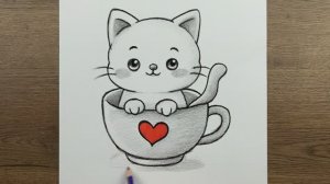 Как нарисовать кошку в чашке карандашом