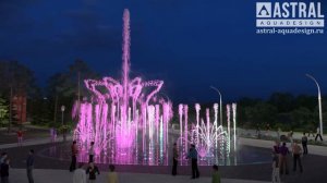 Водное шоу на плоскостном фонтане с использованием ротационных форсунок и роботов 26х19 м, г. Омск