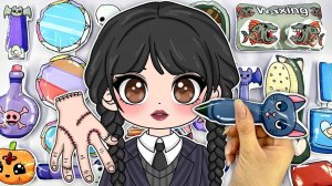 Бумажные поделки WEDNESDAY ADDAMS по уходу за кожей, макияж и наряжание ASMR Распаковка сумок