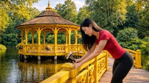 Талантливая девушка строит пруд из кирпича и мостик для наблюдения за рыбами. Ли Нхе