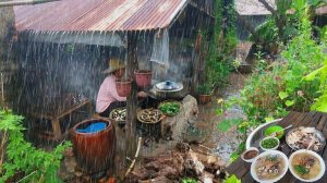 Традиционная деревенская кухня в дождливый день. Спокойная деревенская жизнь.