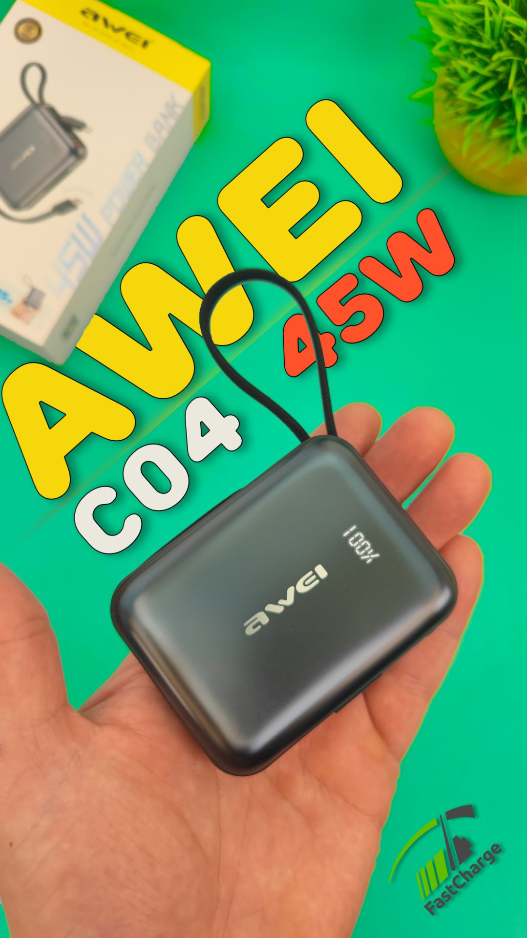 Компактный ПОВЕРБАНК AWEI C04 на 10000mAh, МОЩНОСТЬЮ 45W со встроенными кабелями Type-C и Lightning.