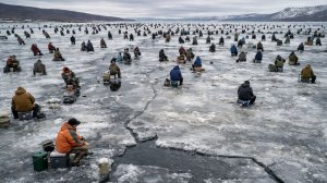 Сотни рыбаков  вышли на лед несмотря на проталины и трещины в водоемах в Магаданской области
