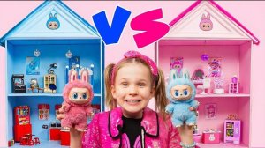 Розовый против синего кукольного домика для игрушек Labubu!...