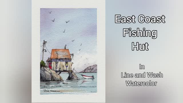 Fun Line and Wash Watercolor of an East Coast Fishing Shanty. Peter Sheeler, sheelerart